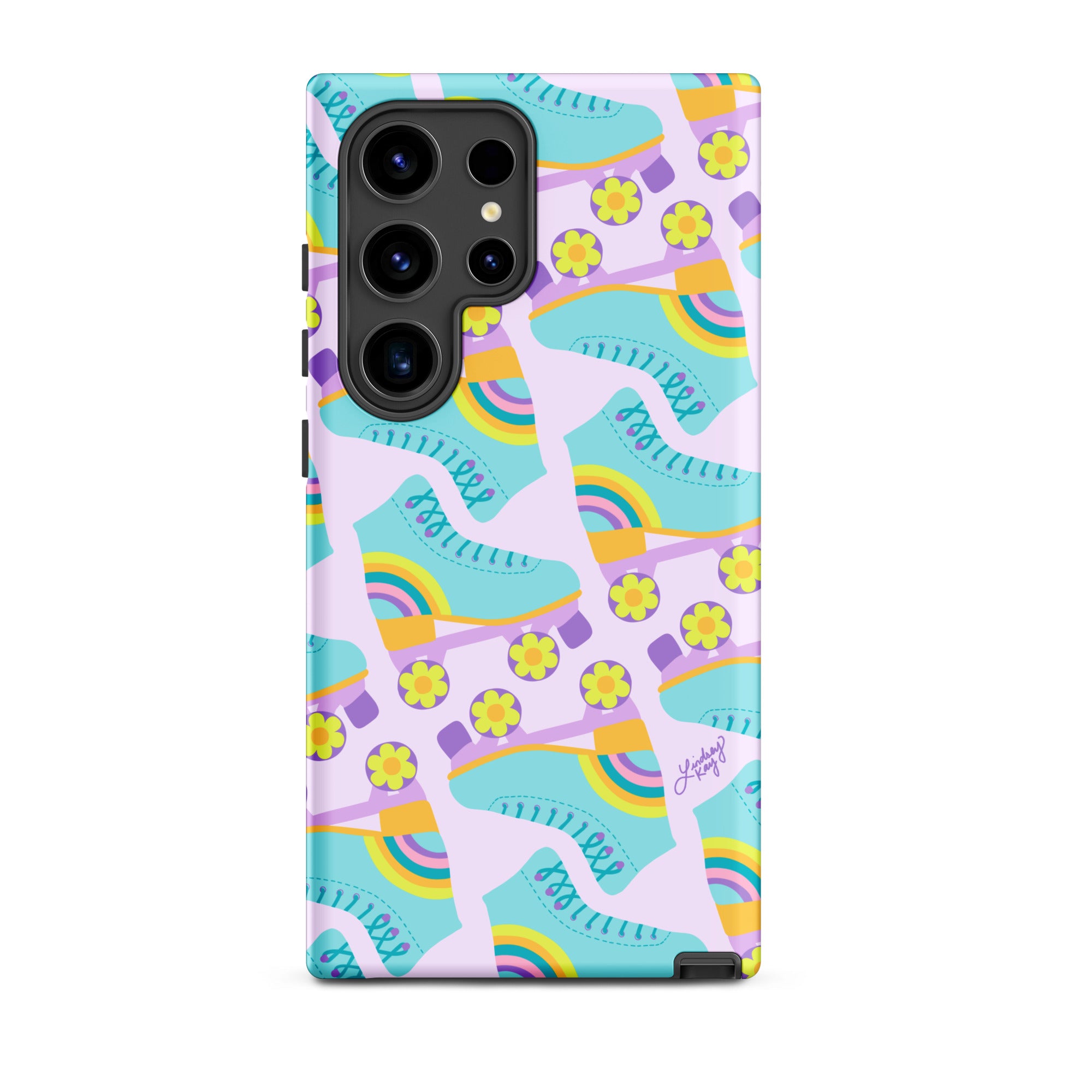 Step back into the ’70s with this hand-illustrated roller skates Samsung case by Lindsey Kay Collective. Covered in colorful flower power skates, this case brings retro energy and groovy charm while keeping your phone safe. Perfect for skater girls, disco lovers, or anyone obsessed with Y2K vibes.
